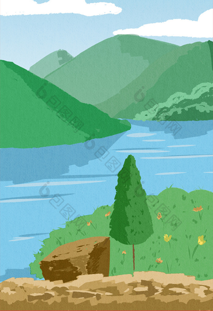 清新绿色森林山川河流石头插画背景