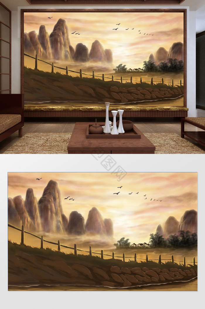 新中式山水风景电视背景墙图片