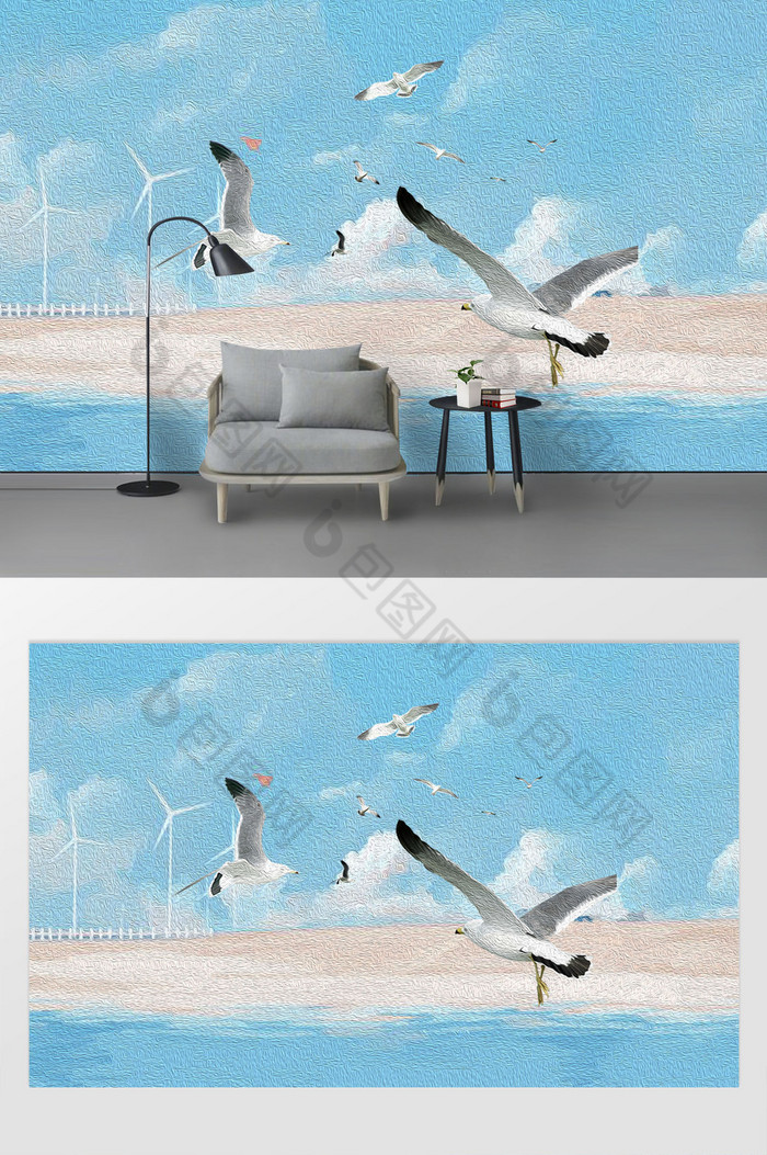 现代唯美海景房定制海鸥大海背景墙