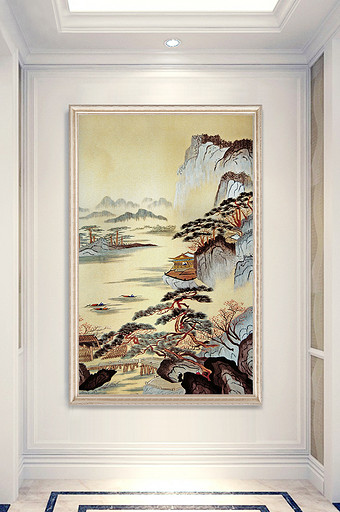 新中式现油画山水画玄关装饰画图片