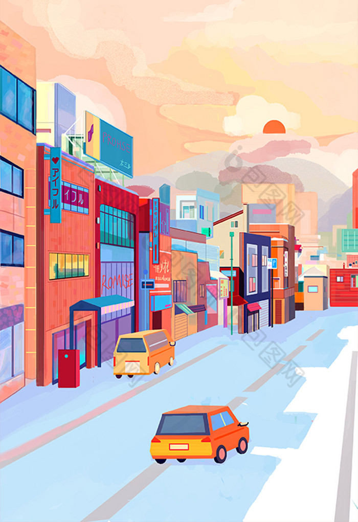 街道汽车风景房子插画图片
