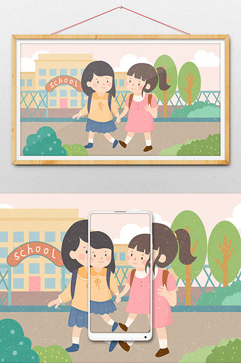 复古卡通学生开学季女生牵手上学插画海报图片