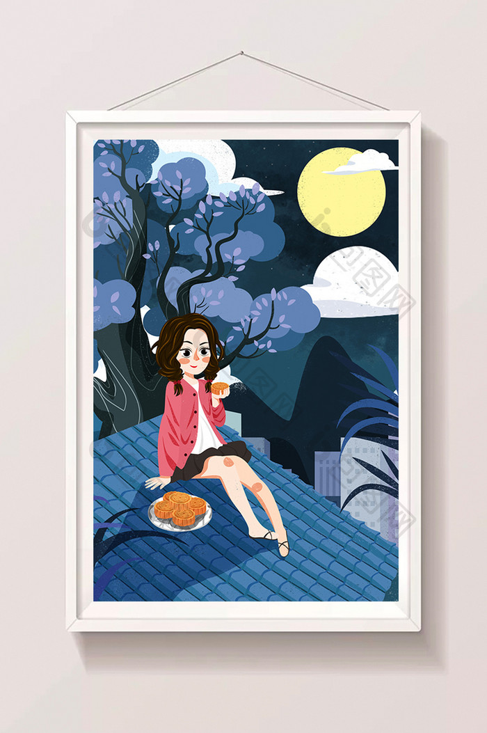 唯美传统节日中秋插画屋顶吃月饼女孩插画