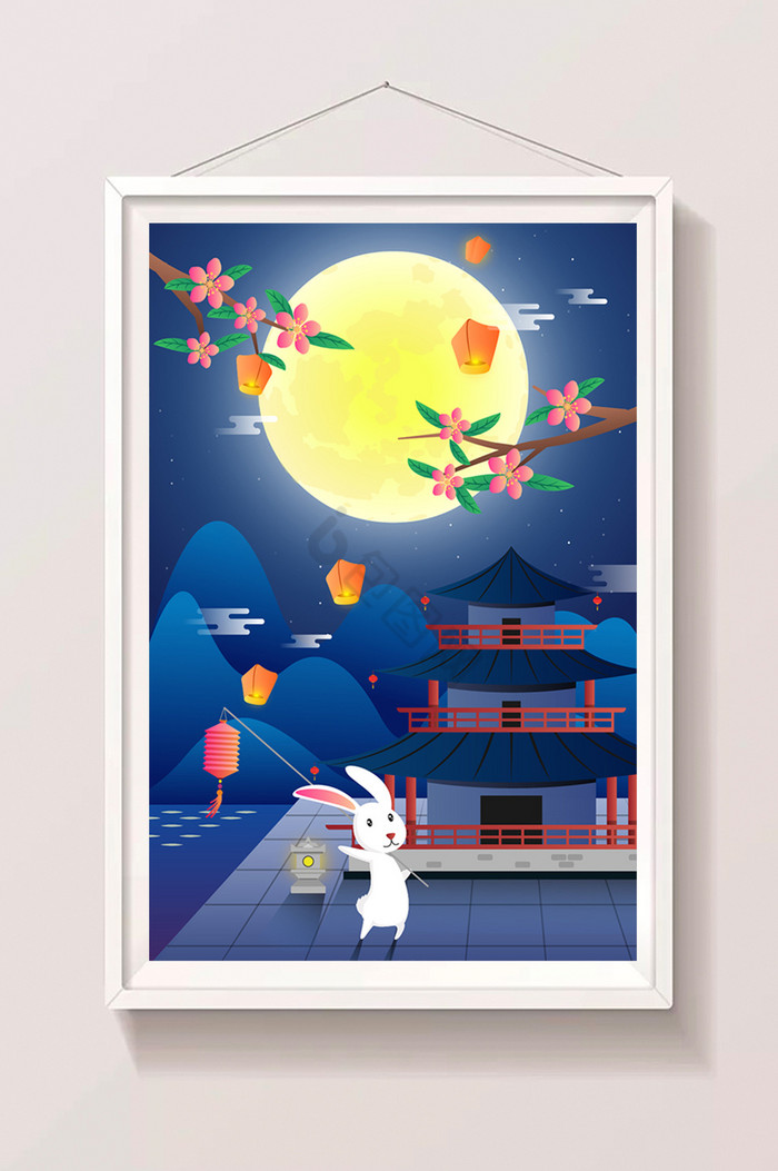 中秋节月兔扛灯笼插画图片