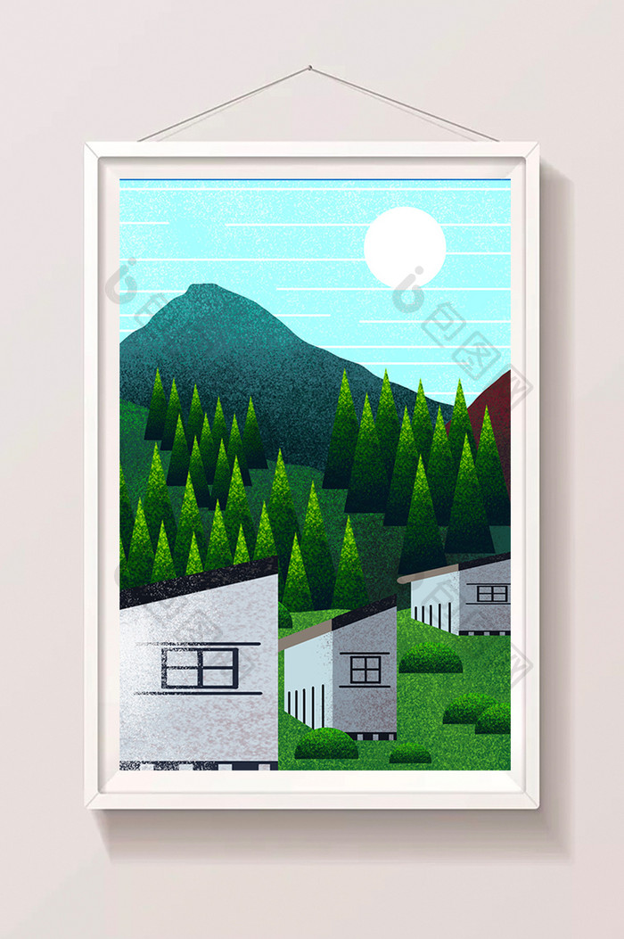 清新夏季山地房屋插画