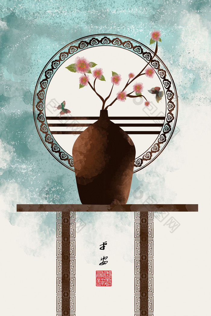 文艺中国风淡彩民俗花瓶书房酒店创意装饰画