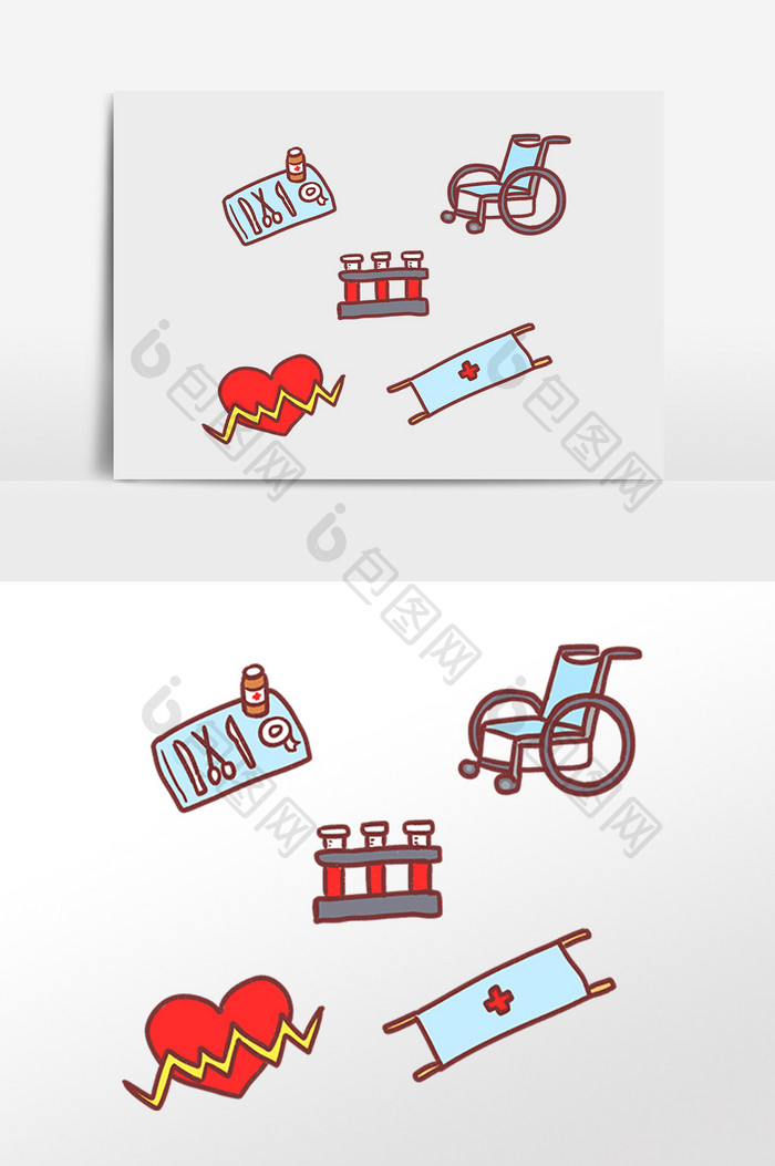 手绘医疗器械轮椅担架插画元素