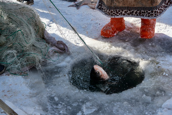 寒冷的<strong>冬季</strong>在冰冻的湖面上凿冰捕鱼