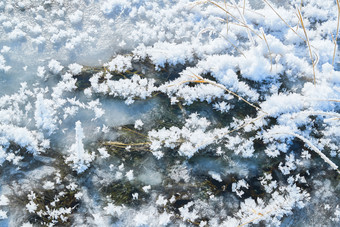 冬天野外溪水冻结<strong>冰层</strong>上的冰凌花冰松结晶