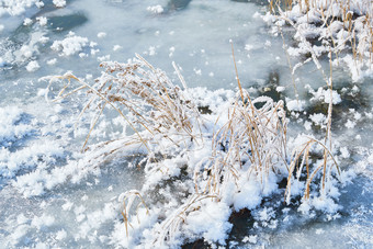 冬天野外<strong>溪水</strong>冻结冰层上的冰凌花冰松结晶
