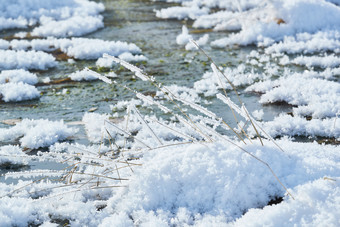 冬天野外溪水冻结<strong>冰层</strong>上的冰凌花冰松结晶