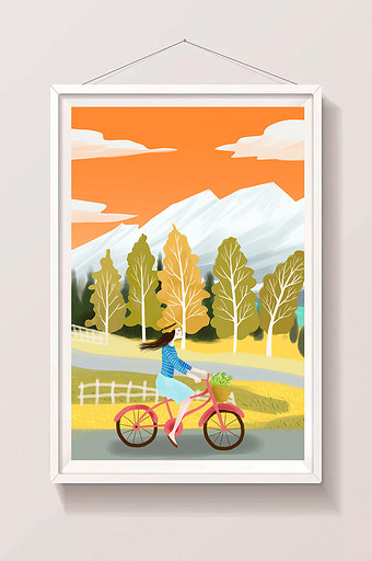 小清新唯美雪山浪漫少女单车骑行小路插画图片