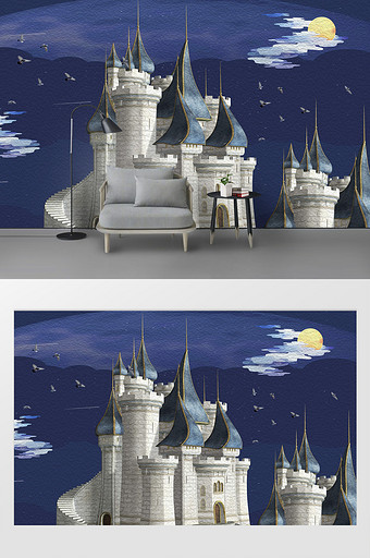 卡通梦幻城堡月色油画儿童房背景墙图片