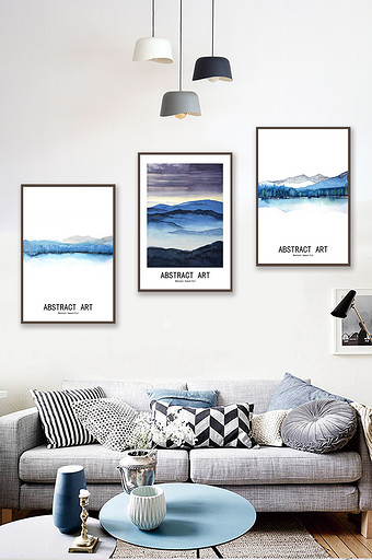 现代简约蓝色抽象风景装饰画水彩山水三联画图片