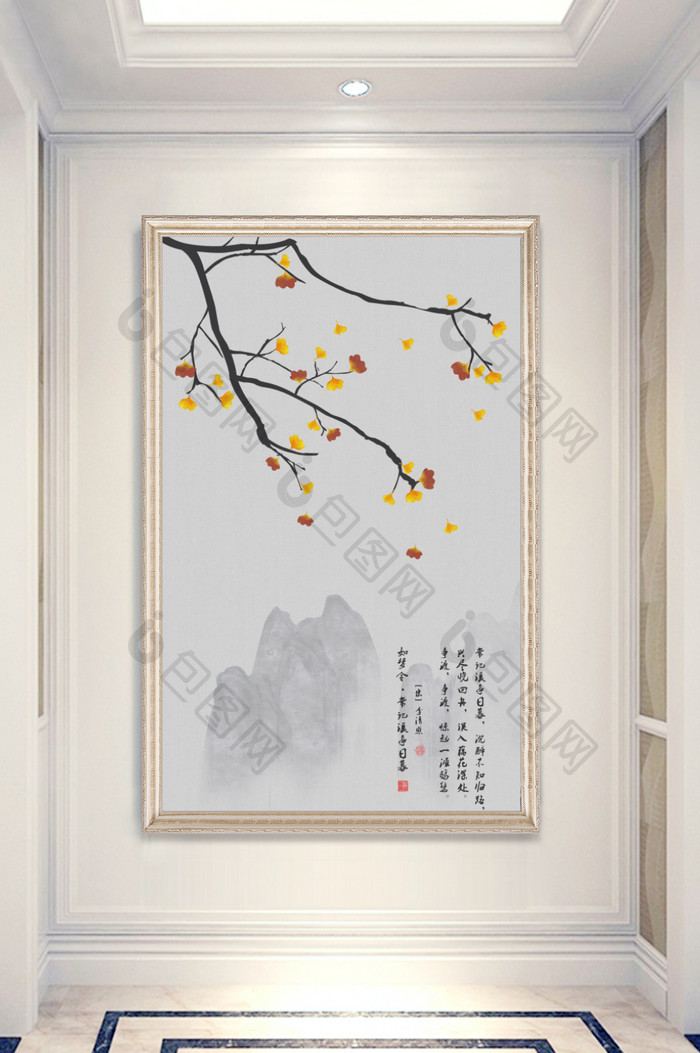 新中式手绘工笔花鸟银杏树徽派建筑玄关背景