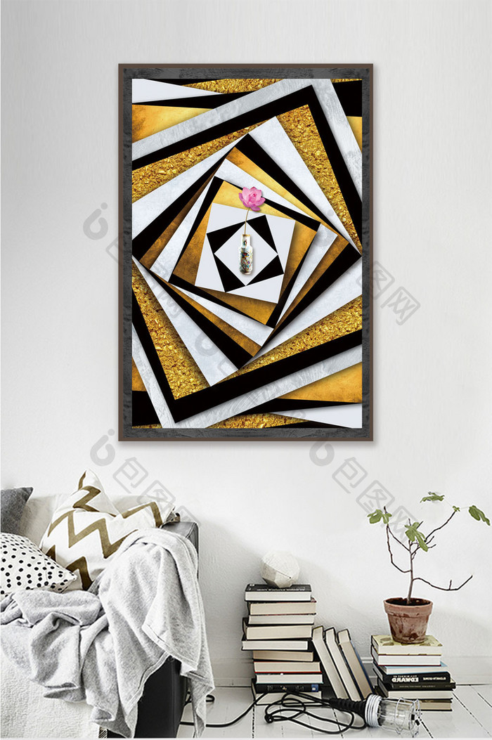 现代简约抽象几何图形黑金荷花客厅装饰画