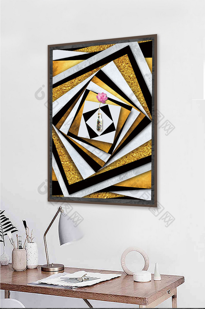 现代简约抽象几何图形黑金荷花客厅装饰画