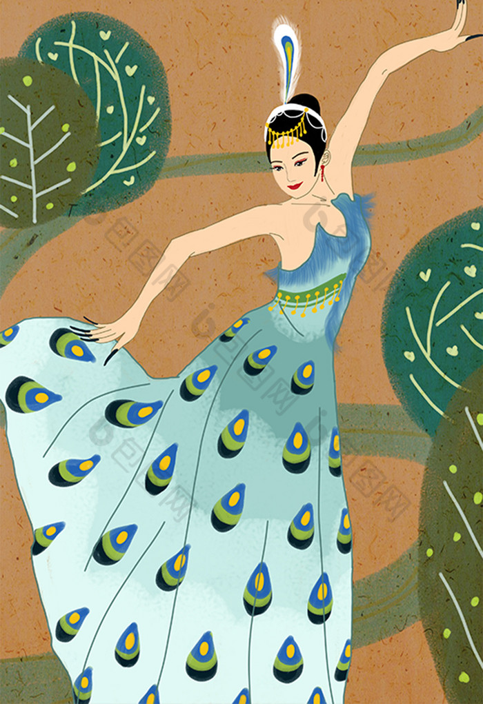 中国文化民族特色傣族孔雀舞蓝裙插画图片