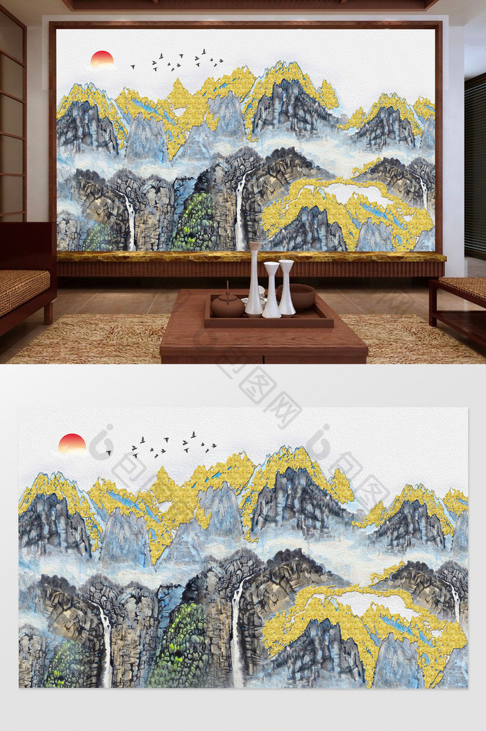 新中式水墨金箔风景山水画电视背景墙
