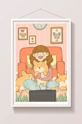 暑期在家看电视追剧沙发看电视插画