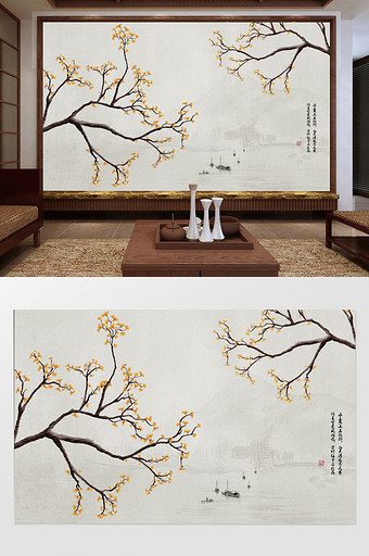 原创海棠花新中式手绘工笔花鸟背景墙装饰画图片