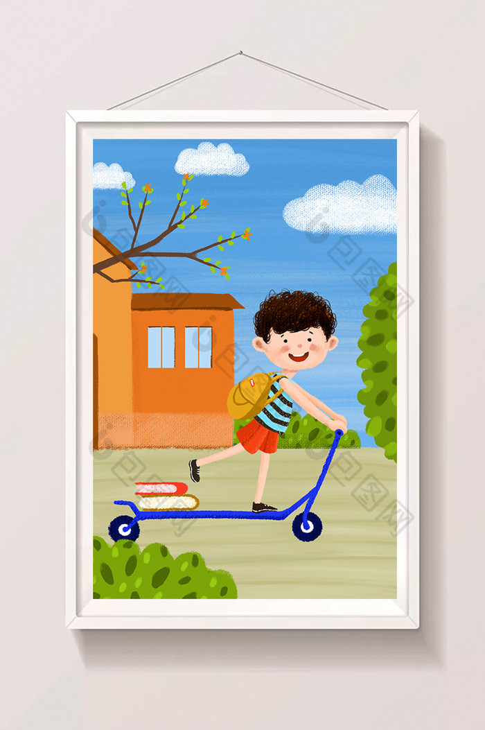 开学啦骑滑板车的小男孩手绘插画