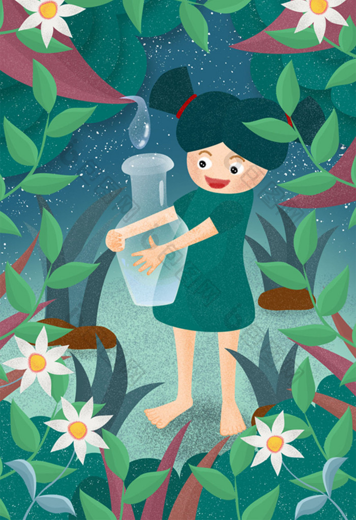 绿色植物女孩玻璃瓶收集露水插画