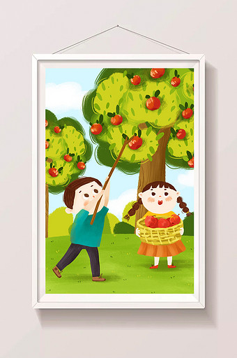 可爱秋分苹果成熟儿童手绘插画图片