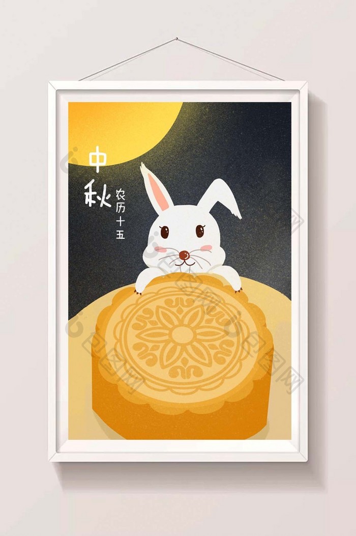 小清新手绘中秋节佳节兔子吃月饼插画