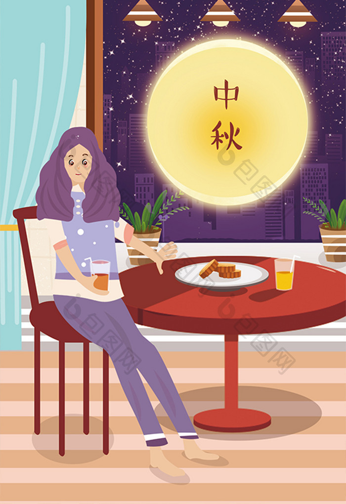 卡通中秋节拿月饼插画设计
