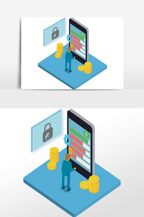 手绘金融人物手机数据图形插画