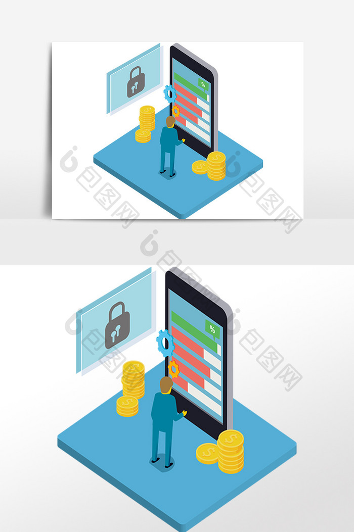手绘金融人物手机数据图形插画