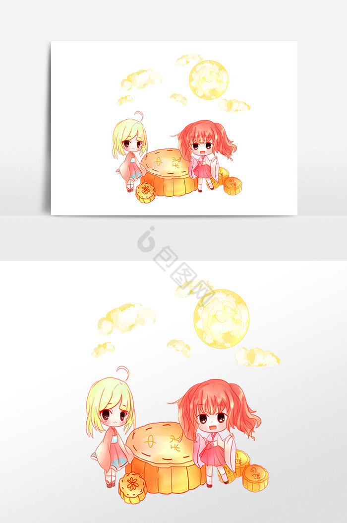 中秋两个女孩月饼插画图片