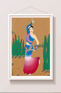 绿色清新中国传统文化孔雀舞插画