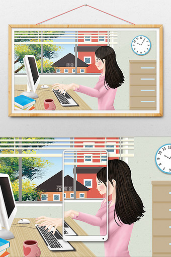 清新开学季少女电脑学习宿舍生活插画图片