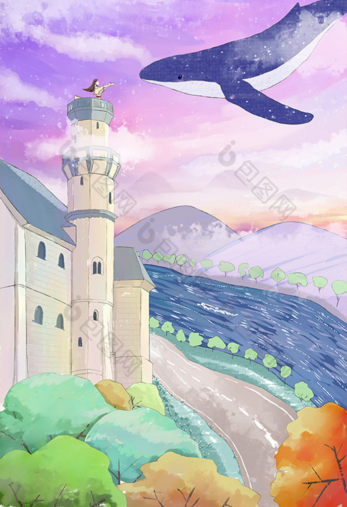 紫色鲸鱼房子大树唯美手绘卡通插画