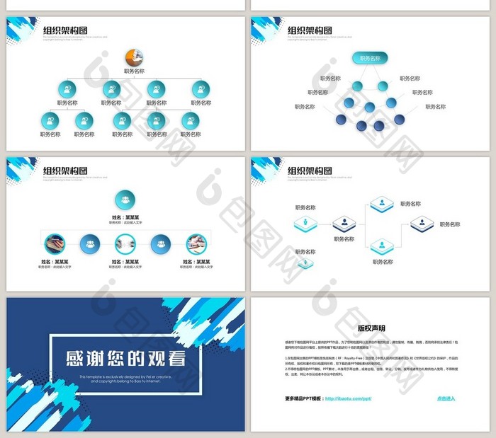 蓝色微粒体组织架构图PPT模板