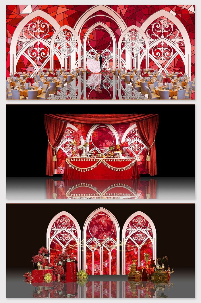 现代红色创意欧式复古拱门婚礼背景墙图片