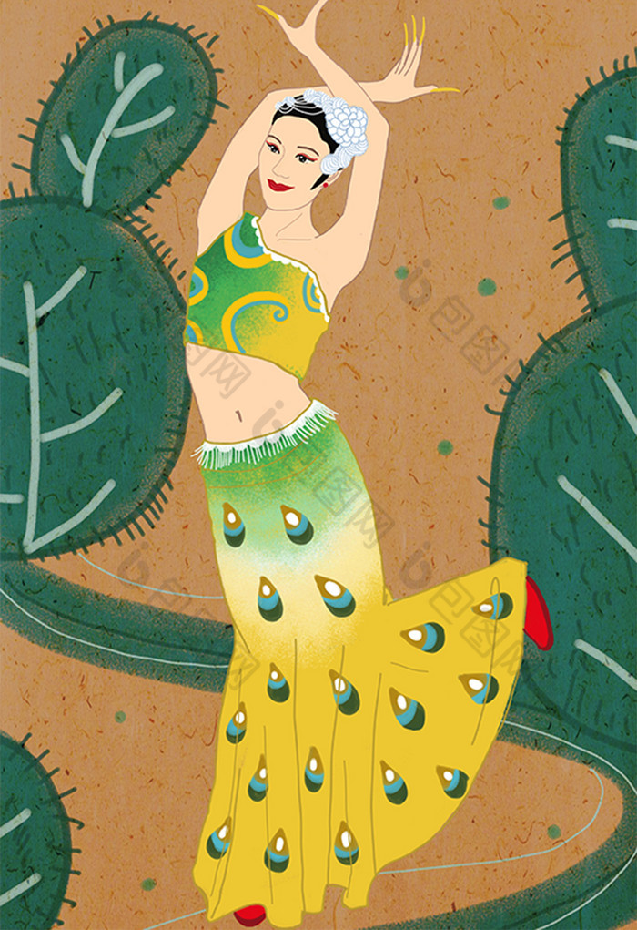 中国文化民族特色傣族孔雀舞黄裙插画
