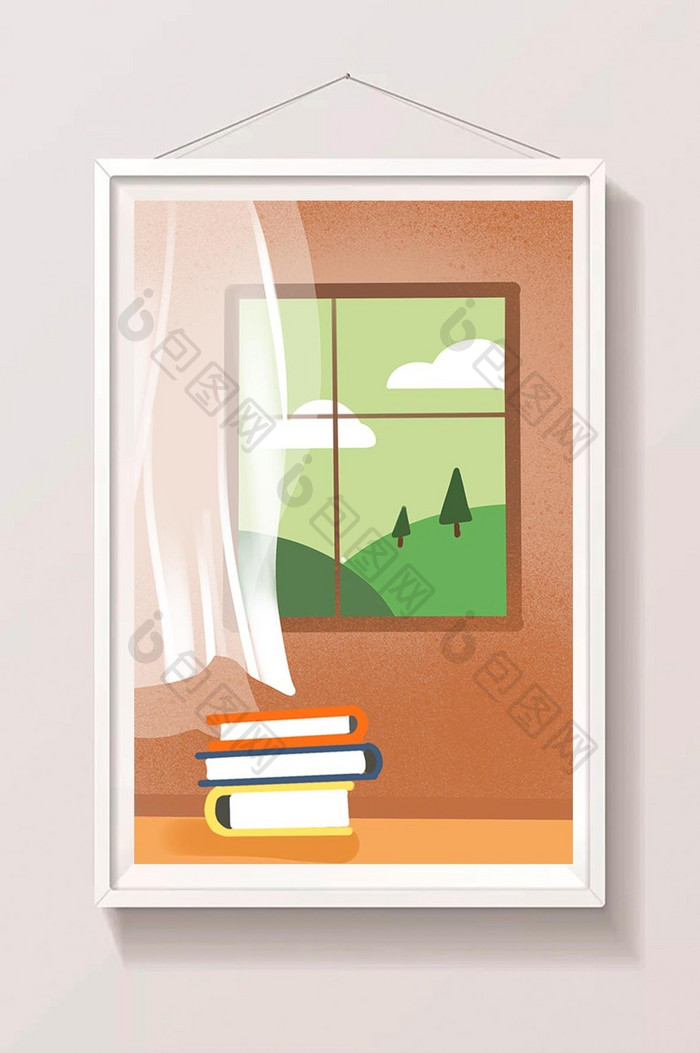 暖色卡通窗户书籍手绘插画卡通背景素材