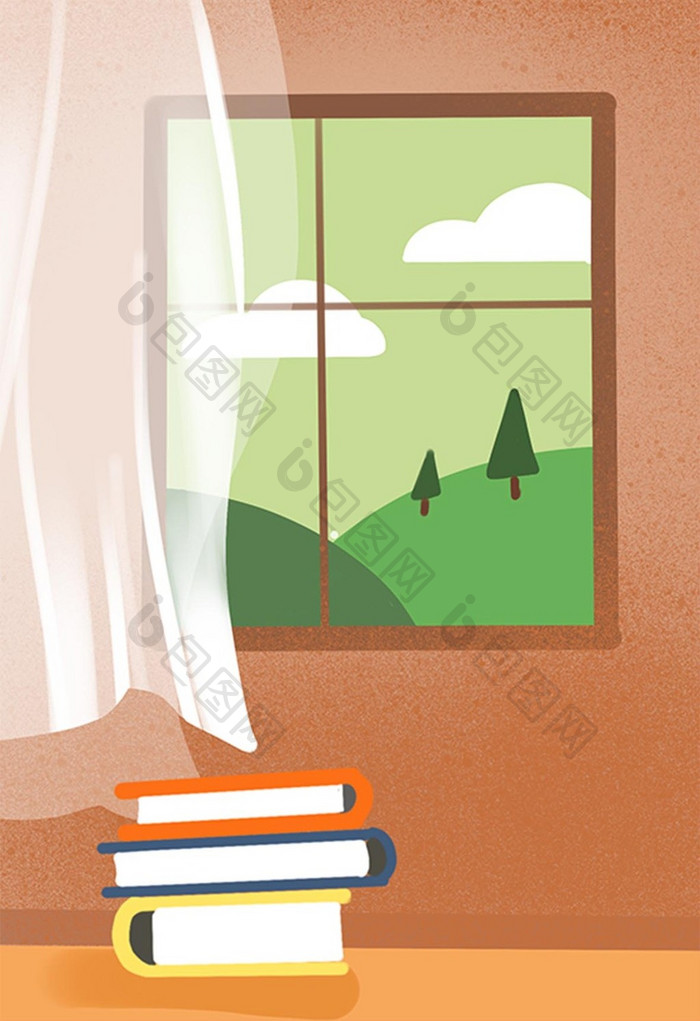 暖色卡通窗户书籍手绘插画卡通背景素材