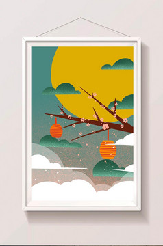 节日节气中秋节小孩街道玩花灯中国风插画