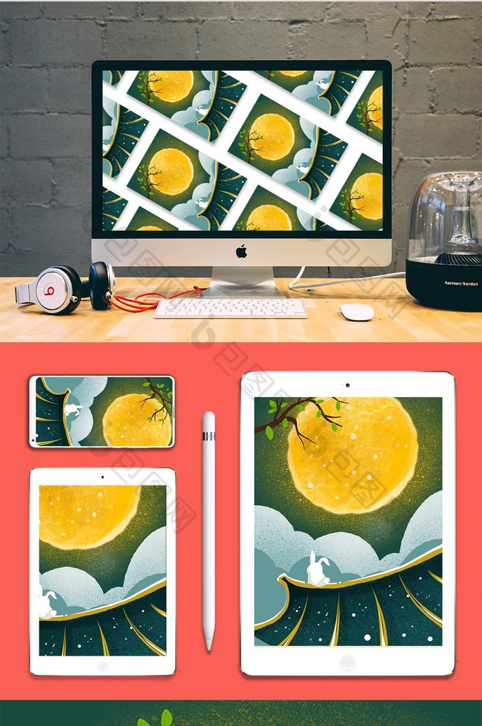 绿色中秋夜晚月亮手绘卡通背景插画兔子素材