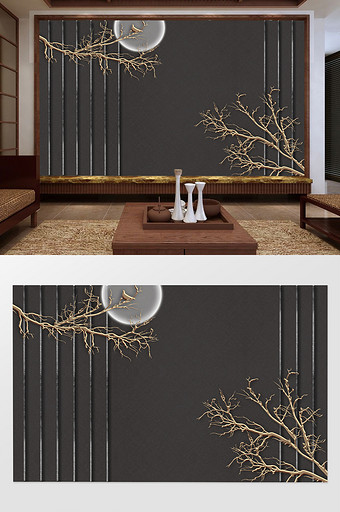 新中式简约树枝圆月浮雕背景墙图片