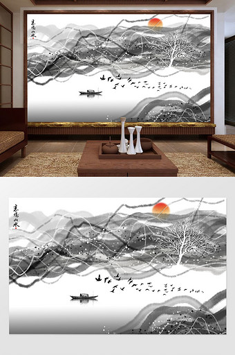 新古典中式抽象山水背景装饰画图片