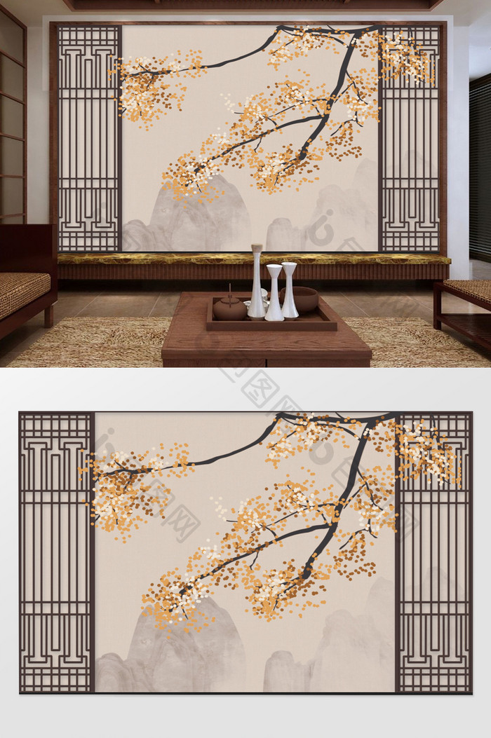 新中式手绘梅花工笔花鸟背景墙装饰画