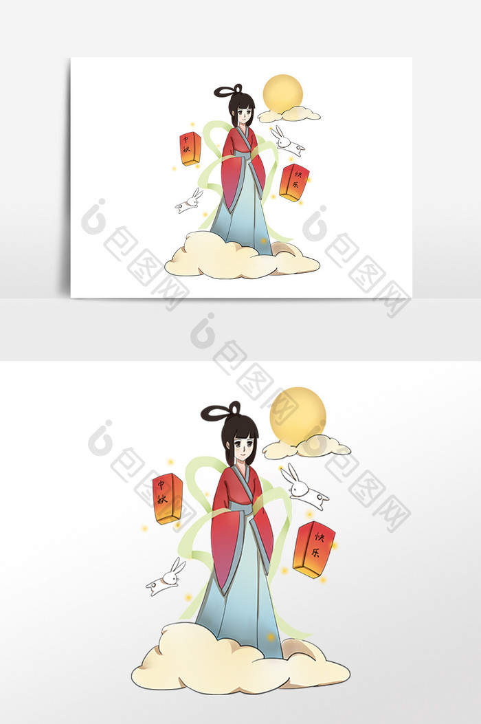 手绘中秋节嫦娥云彩插画素材