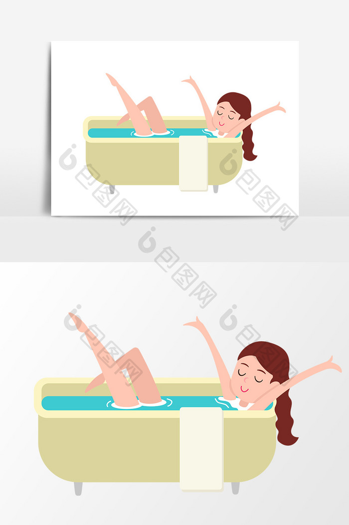 美女泡澡浴缸卡通手绘矢量元素