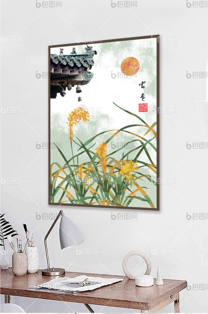 淡彩民俗植物建筑书房过道创意装饰画-淡彩民俗植物建筑书房过道创意装饰画效果图-【包图网】