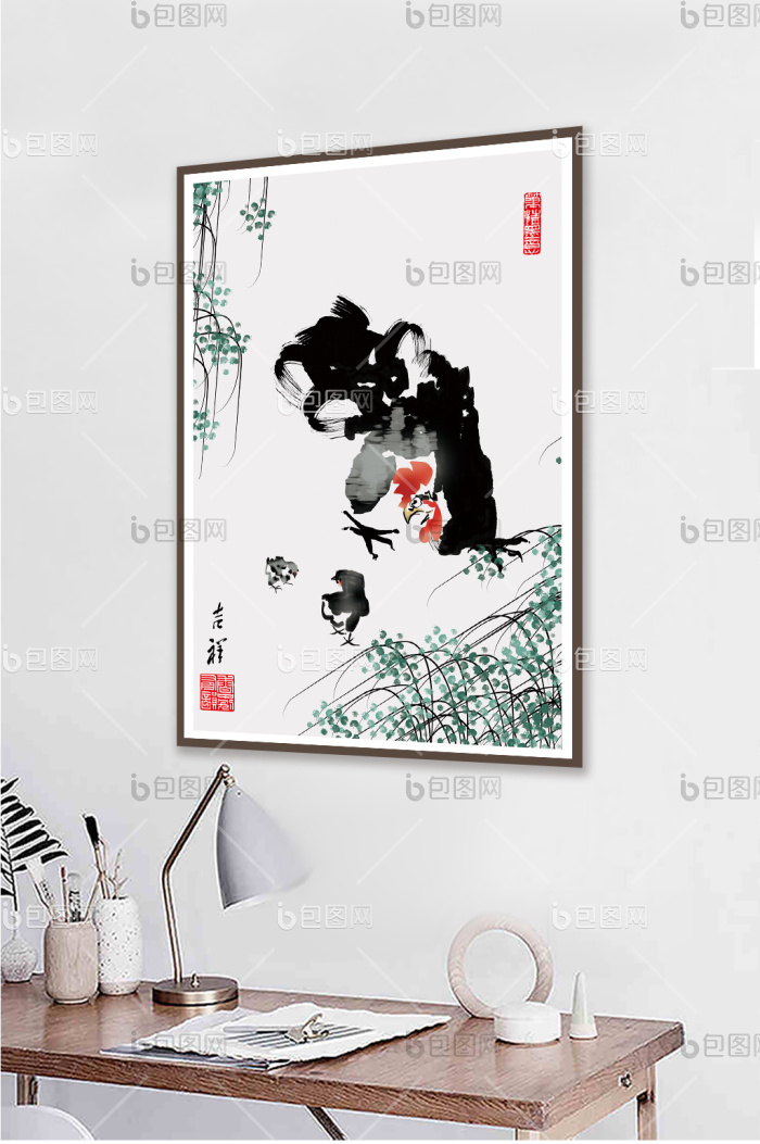 文艺手绘水墨淡彩公鸡书房酒店装饰画-文艺手绘水墨淡彩公鸡书房酒店装饰画效果图-【包图网】